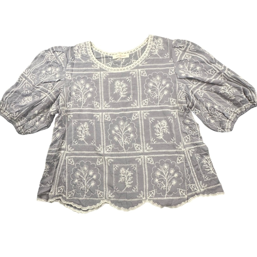 Solitaire Women's Medium Embroidered Lavender Gray Blouse Puff Sleeves - Picture 2 of 7